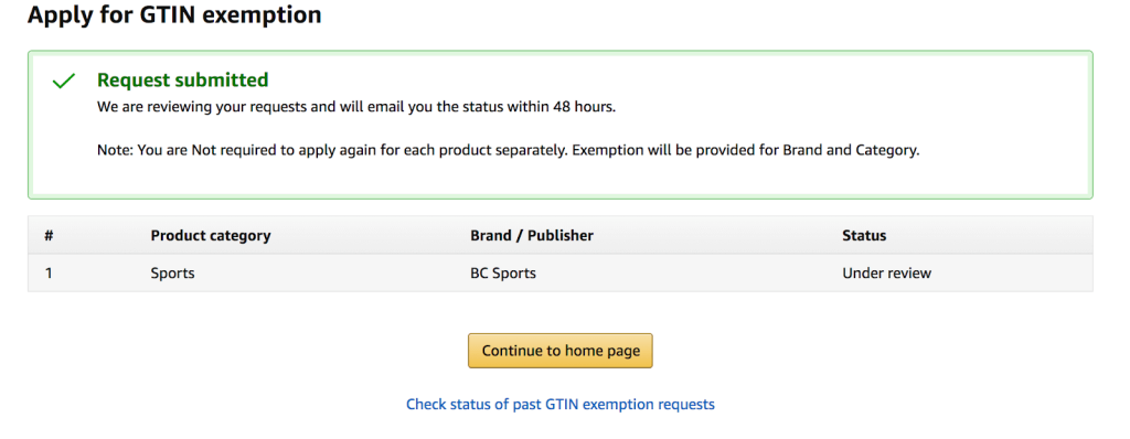 GTIN Exemption Request Submitted Amazon